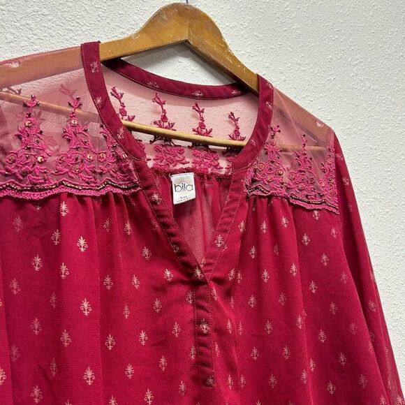 Bila Burgundy Chiffon Beaded Semi Sheer V-Neck Peasant Top Women's Size XXL - Picture 5 of 16